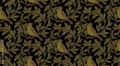 Vintage style seamless pattern with Floral wreath and birds for retro wallpapers. Enchanted Vintage Flowers. Arts and Crafts movement inspired. Design for wrapping paper, wallpaper, fabrics and