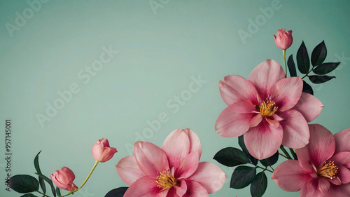 Three open pink flowers on a green background