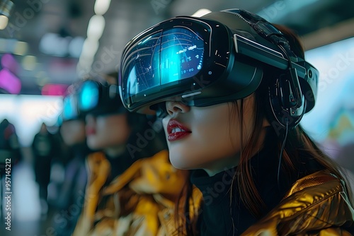 Woman wearing a virtual reality (VR) headset in a futuristic setting, immersed in a digital experience. Ideal for projects related to technology, innovation, and virtual worlds.