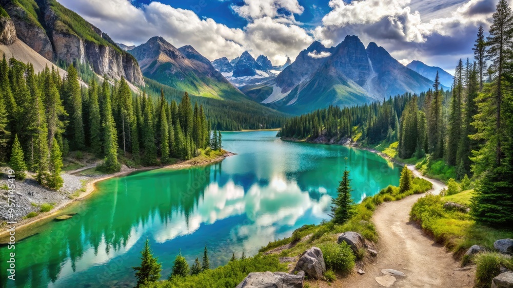 Vibrant turquoise lake surrounded by rugged mountains and lush green forest, with a winding dirt path leading to a secluded serene wilderness camping spot. Vibrant turquoise lake surrounded by rugged mountains and lush green forest, with a winding dirt path leading to a secluded serene wilderness camping spot.