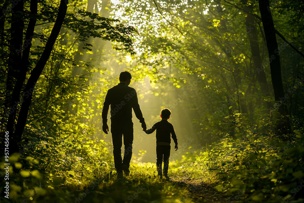 Father and son walking in forest in backlight. Father and son walking in forest in backlight.
