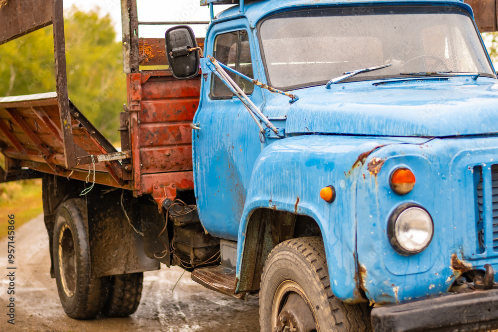 Old blue car. Tehnology concept. High quality photo. Old blue car. Tehnology concept. High quality photo.