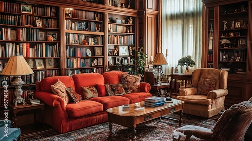 Cozy and inviting classic living room interior with large wooden bookshelf antique lamps and a comfortable sofa creating a relaxing and elegant ambiance