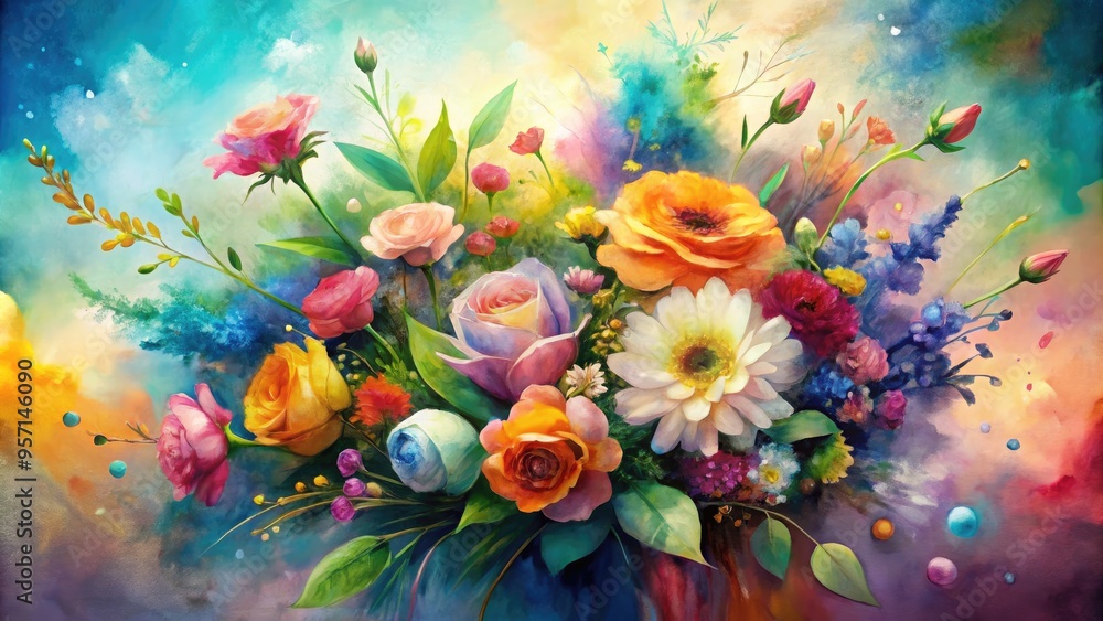 Obraz premium Vibrant watercolor floral arrangement with abstract brushstrokes and subtle texture, creating a dreamy, ethereal background perfect for design, craft, and artistic projects.