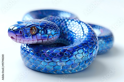 striking blue iridescent snake coiled elegantly, showcasing its glossy, scale-covered body. The image conveys beauty, mystery, and nature, perfect for themes involving wildlife, reptiles, and exotic photo