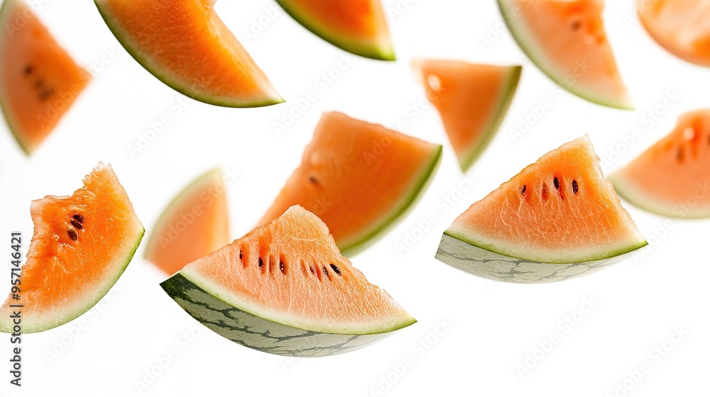 An artistic photograph of water melone slices appearing to float or scatter through the air on a white background. Each slice is isolated, with some in sharp focus closer to the viewer while others An artistic photograph of water melone slices appearing to float or scatter through the air on a white background. Each slice is isolated, with some in sharp focus closer to the viewer while others