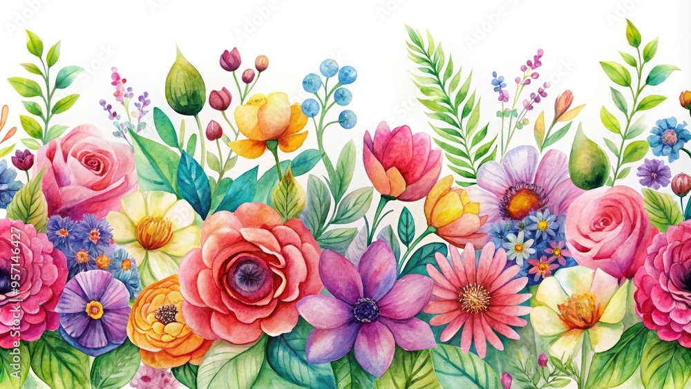 Vibrant watercolor flowers bloom within an intricate, hand-painted seamless border, evoking a whimsical and elegant feel, perfect for decorative backgrounds or design elements. Vibrant watercolor flowers bloom within an intricate, hand-painted seamless border, evoking a whimsical and elegant feel, perfect for decorative backgrounds or design elements.