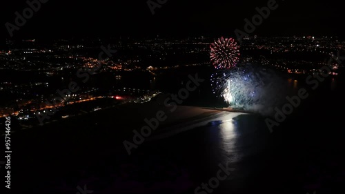 Panoramic view of the Algarve coastline with colorful fireworks on New Year's Eve. 4K resolution. Portimao, Portugal photo