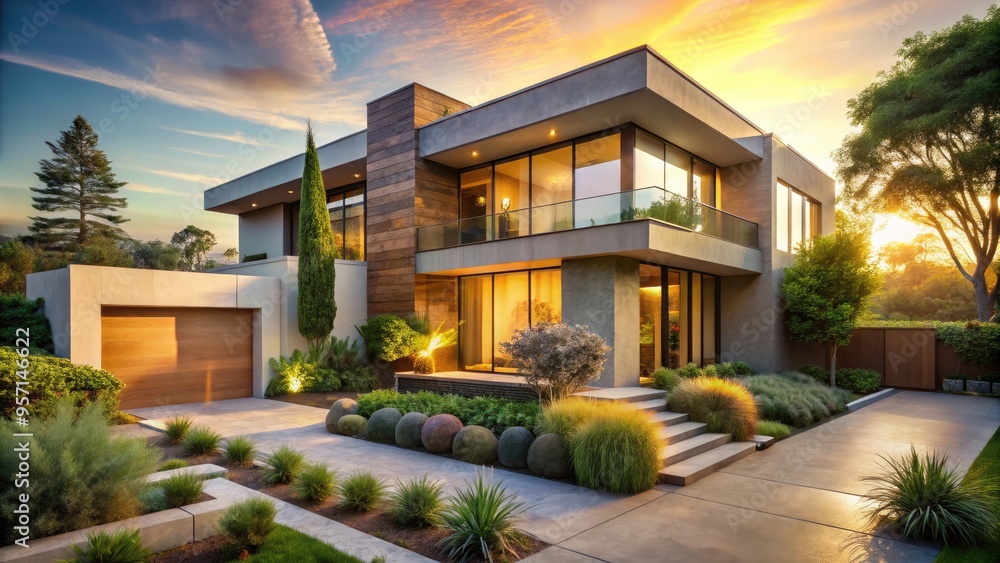 Warm sunlight casts a golden glow on the modern exterior of a California home, showcasing sleek stucco walls, large windows, and lush greenery. Warm sunlight casts a golden glow on the modern exterior of a California home, showcasing sleek stucco walls, large windows, and lush greenery.