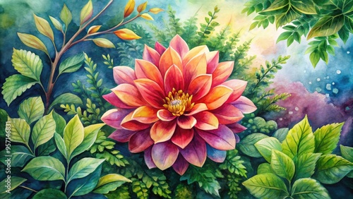 Vibrant watercolor illustration of blooming flower on canvas, surrounded by lush foliage, symbolizing growth and renewal.