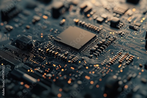 Close-up view of a modern electronic circuit board, showcasing intricate details of components and connections on a silicon chip.