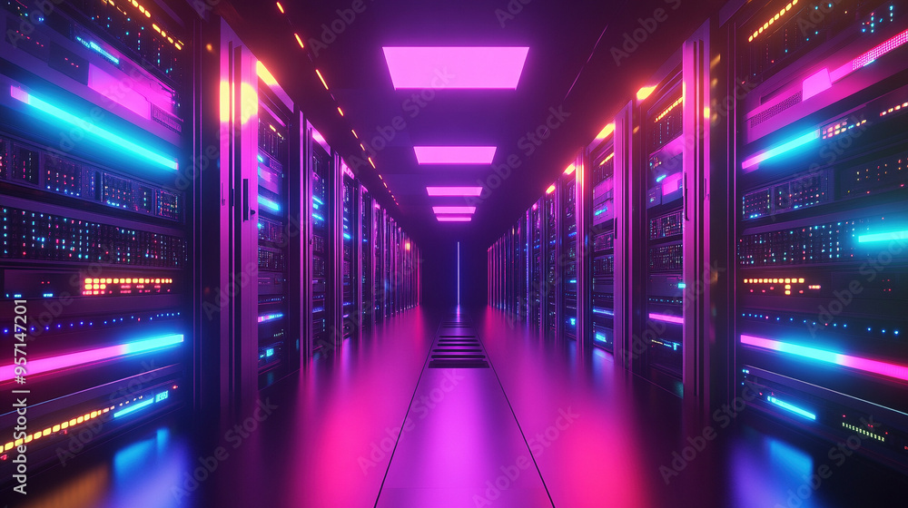 Futuristic 3D Render of a Server Room with Glowing Lights Futuristic 3D Render of a Server Room with Glowing Lights