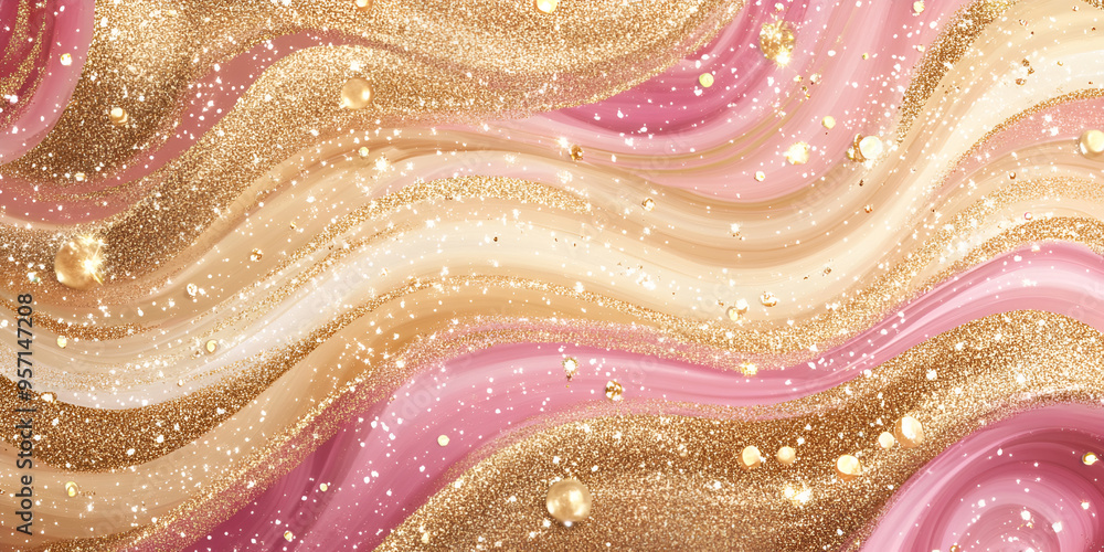 Obraz premium Swirling abstract design with golden glitter and pink waves, creating a dynamic, elegant, and luxurious textured background