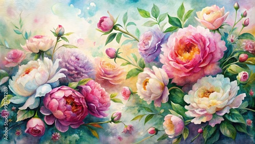 Vibrant watercolor peonies and roses spill across a textured canvas, surrounded by loose brushstrokes and soft, dreamy hues, evoking a romantic and whimsical atmosphere.