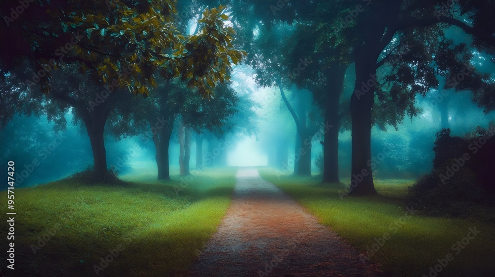 Fototapeta premium Misty Morning Path Through a Forest with Soft Blue-Green Tones, Calm and Serene Landscape with a Dreamlike Atmosphere, Ideal for Nature and Tranquility Themes