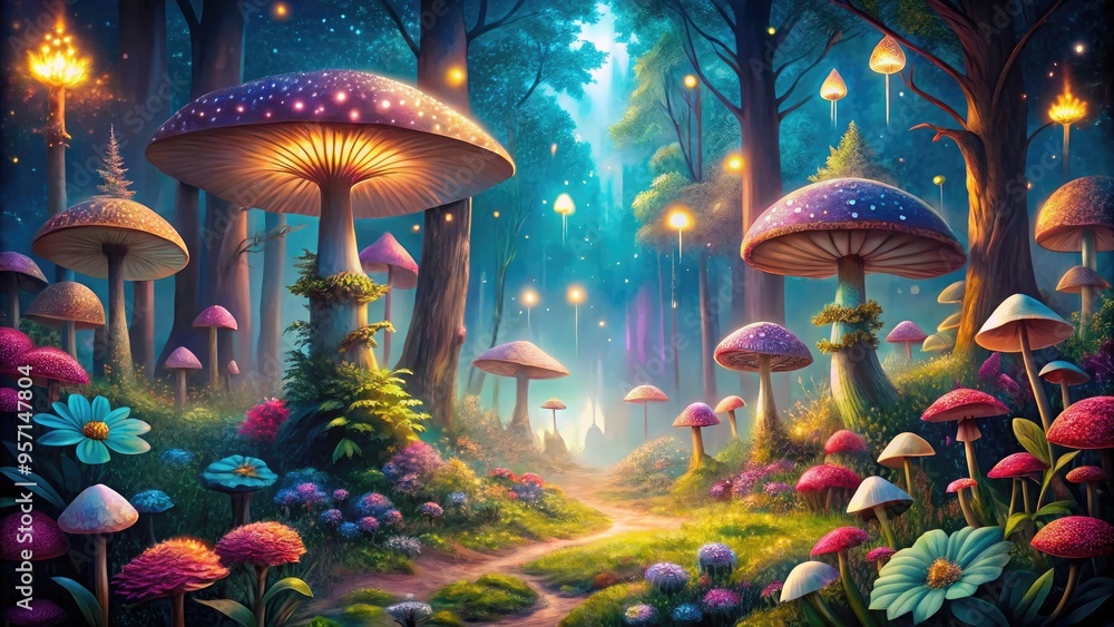 Naklejka premium Vibrant whimsical illustration of a fantastical forest with glowing mushrooms, twinkling stars, and delicate flowers, blending seamlessly with a serene natural landscape background.