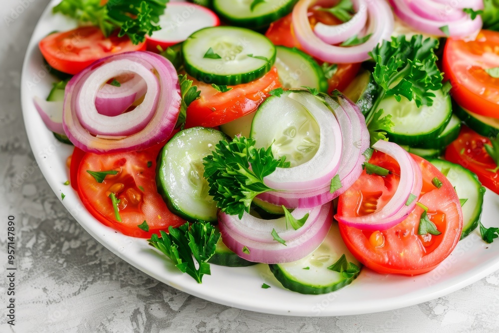 A colorful, fresh salad of cucumbers, tomatoes, and onions garnished with parsley, arranged on a white plate, invitingly delicious. A colorful, fresh salad of cucumbers, tomatoes, and onions garnished with parsley, arranged on a white plate, invitingly delicious.