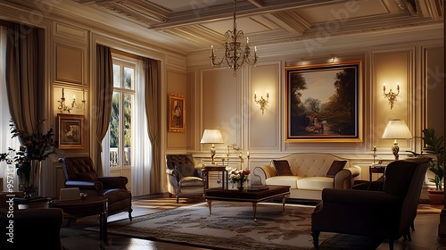 A refined and timeless classic living room interior featuring a detailed coffered ceiling elegant wall sconces and traditional artwork exuding a sense of luxury and sophistication