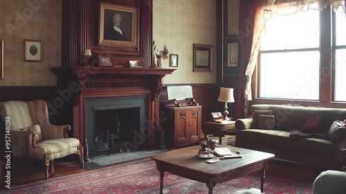 Elegantly Designed Classic Living Room Interior with Rich Wood Mantel Intricate Crown Molding and Vintage Furniture Pieces for a Cozy and Refined Atmosphere