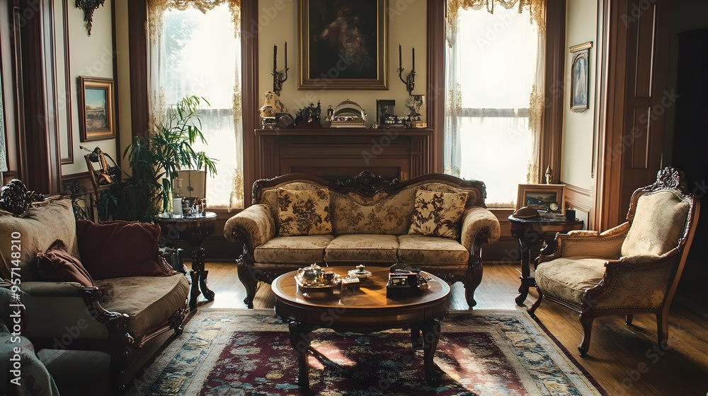 Fototapeta premium A cozy and luxurious classic living room featuring elegant upholstery intricate woodwork and refined vintage accessories that create a warm and sophisticated atmosphere