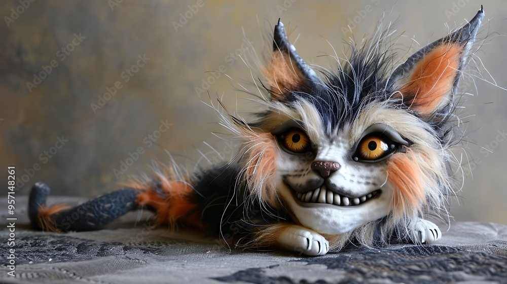 Playful puffy animal art toy with supple silky fur and a sly grin Playful puffy animal art toy with supple silky fur and a sly grin