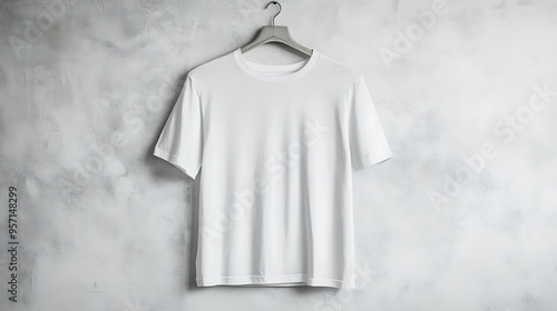 Blank white t-shirt hanging on a hanger. Mock up photo