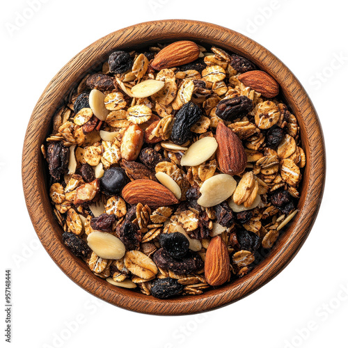 A vibrant bowl of mixed granola with nuts and dried fruits, perfect for a healthy breakfast or snack option.