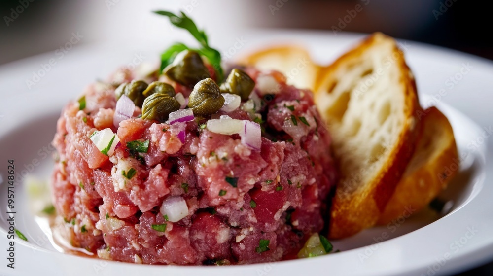 A close-up of a gourmet steak tartare served with toasted bread and garnished with capers and onions, beautifully plated on a white surface to emphasize the dish's sophisticated appeal. A close-up of a gourmet steak tartare served with toasted bread and garnished with capers and onions, beautifully plated on a white surface to emphasize the dish's sophisticated appeal.