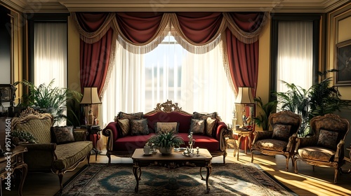 A timeless and sophisticated classic living room with a regal color scheme elegant drapes and vintage inspired decor elements creating a luxurious and cozy ambiance photo