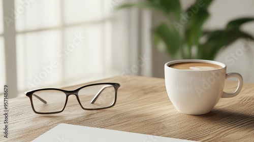 Desk setup with business plan, coffee, glasses, strategic planning, 3D illustration