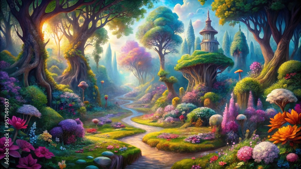 Vibrant, whimsical landscape featuring fantastical creatures amidst blooming flowers, towering trees, and winding pathways, evoking a sense of magic and adventure in a mystical world. Vibrant, whimsical landscape featuring fantastical creatures amidst blooming flowers, towering trees, and winding pathways, evoking a sense of magic and adventure in a mystical world.
