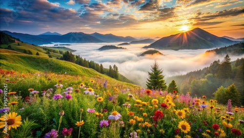 Vibrant wildflowers bloom amidst rolling hills and misty mountains, capturing the serene beauty of a sun-kissed landscape on a warm summer morning.