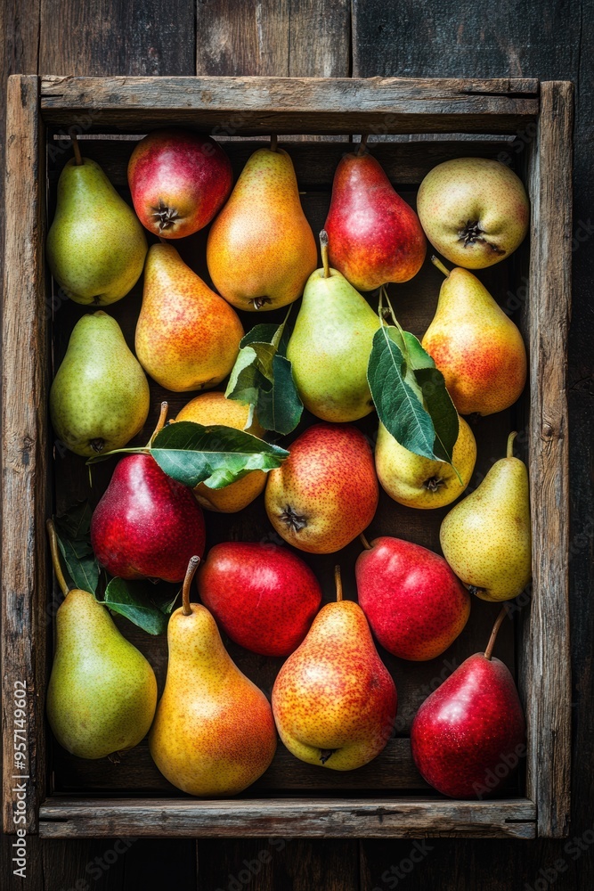 Fresh pear fruit in wooden crate Fresh pear fruit in wooden crate