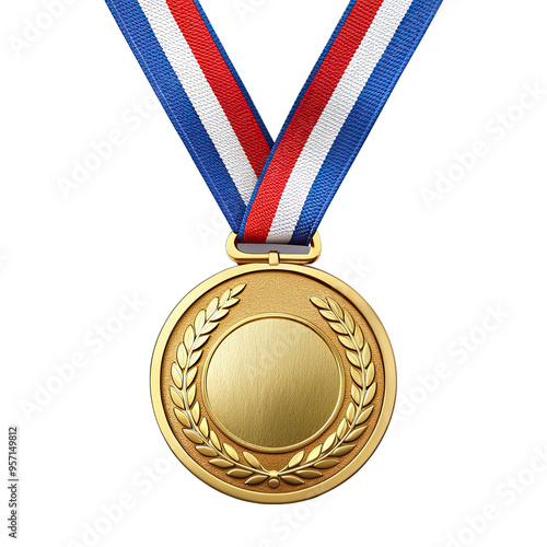 A gold medal with a red, white, and blue ribbon hangs against a white background