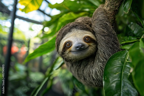 Close-up Portrait of a Smiling Sloth Hanging from a Tree Branch in Lush Green Foliage