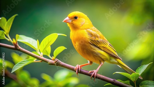 Vibrant yellow canary perched on a delicate branch, showcasing intricate feathers and beak, with shallow depth of field blurring lush green leaves in the background.