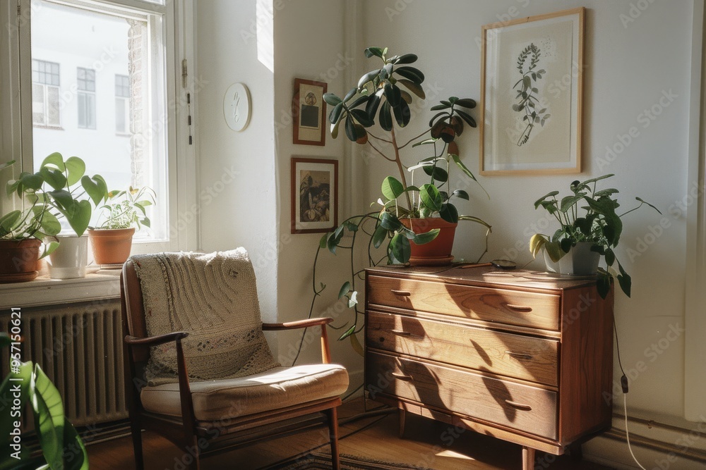 A cozy, sunlit corner of a home with plants, wooden furniture, and framed art, portraying warmth, tranquility, and minimalist design. A cozy, sunlit corner of a home with plants, wooden furniture, and framed art, portraying warmth, tranquility, and minimalist design.