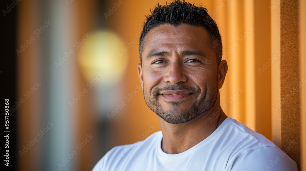 A mid-30s Latino man with short black hair and stubble smiles confidently against a warm orange background, with space on the left for text A mid-30s Latino man with short black hair and stubble smiles confidently against a warm orange background, with space on the left for text