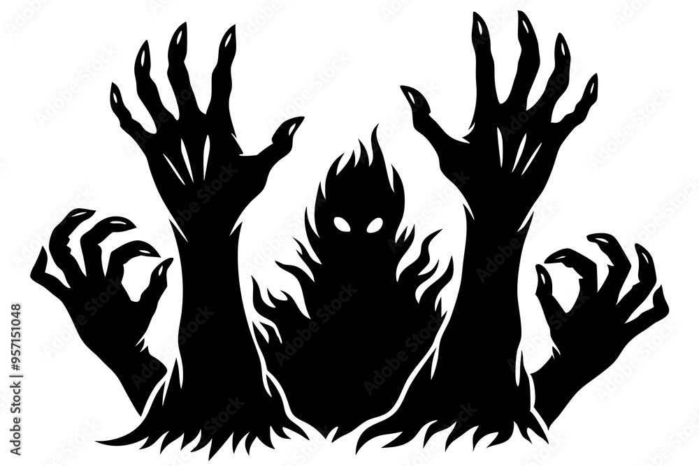 Obraz premium Zombie hands silhouette. Creepy zombie crooked lambs stick out of graveyard ground vector illustration set. Halloween zombie hands. Halloween and nightmare, creepy and evil zombie
