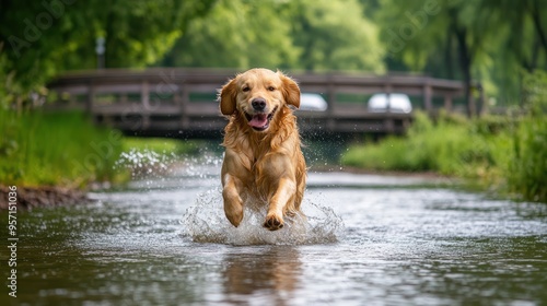 Golden Retriever Running Through Water