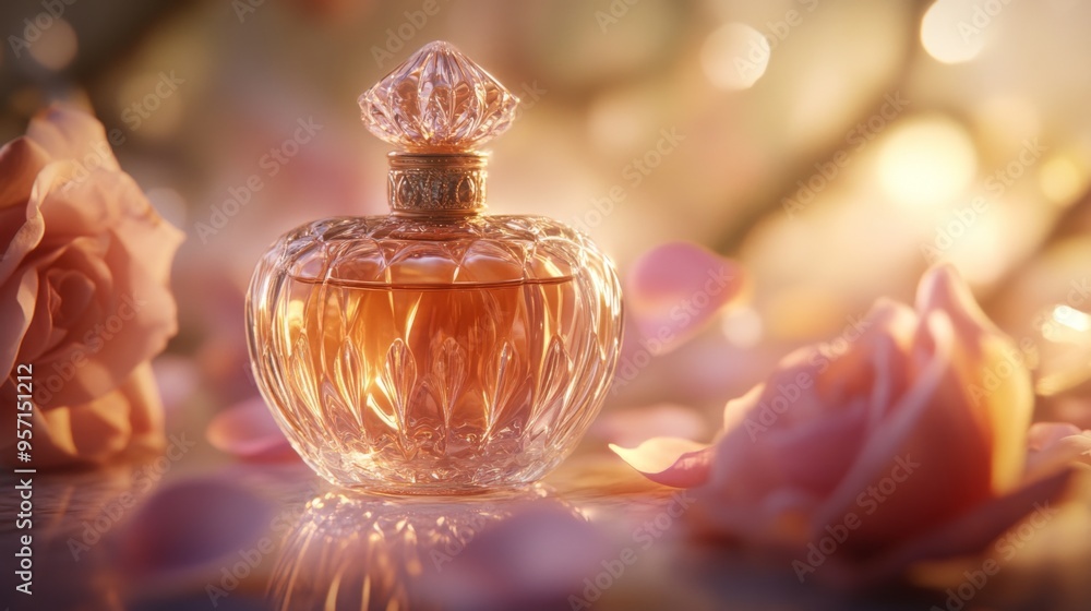 A close-up of a luxurious perfume bottle with an ornate design, surrounded by delicate rose petals and soft lighting, highlighting its elegance and sophistication. A close-up of a luxurious perfume bottle with an ornate design, surrounded by delicate rose petals and soft lighting, highlighting its elegance and sophistication.