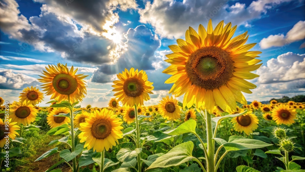 Vibrant yellow sunflowers stand tall amidst lush green meadow, basking in warm sunlight, with fluffy white clouds drifting lazily across a brilliant blue sky. Vibrant yellow sunflowers stand tall amidst lush green meadow, basking in warm sunlight, with fluffy white clouds drifting lazily across a brilliant blue sky.