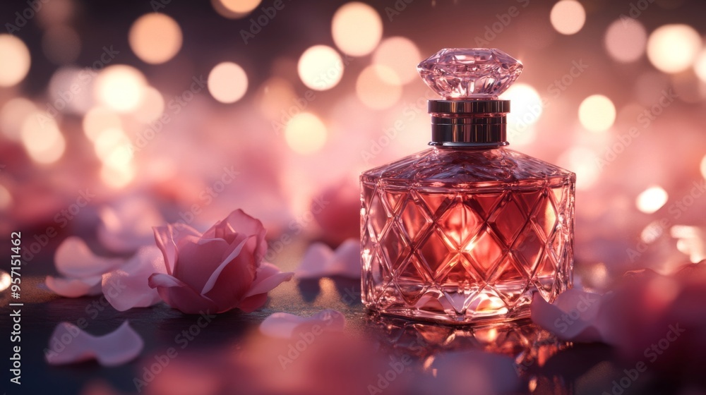 A close-up of a luxurious perfume bottle with an ornate design, surrounded by delicate rose petals and soft lighting, highlighting its elegance and sophistication. A close-up of a luxurious perfume bottle with an ornate design, surrounded by delicate rose petals and soft lighting, highlighting its elegance and sophistication.