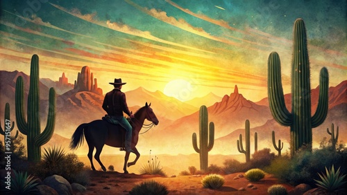 Vintage-inspired illustration of a lone cowboy riding a horse at sunset, surrounded by cacti and mountains, with bold typography and distressed textures. photo