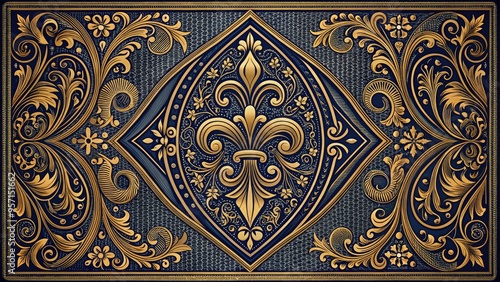 Vintage-inspired, intricately illustrated, and ornately detailed back of a playing card, featuring fleur-de-lis, scrolls, and other classic motifs in a rich, dark blue and gold design.