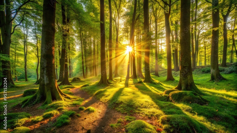 Fototapeta premium Warm golden sunlight filters through lush green forest foliage, casting dappled shadows on the rustic forest floor, evoking a sense of serenity and tranquility.