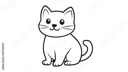 A cute cartoon cat with big eyes and a friendly smile. The cat is sitting with its tail curled around its body.