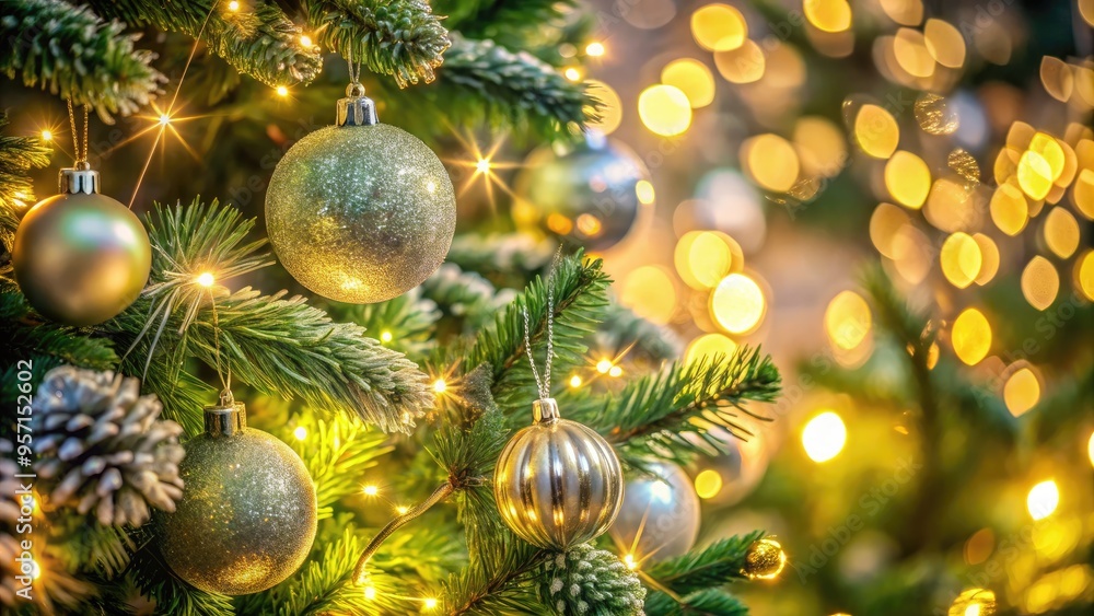 Warm white twinkling lights wrap around a lush green Christmas tree, creating a magical ambiance with intricate ornaments and soft focus blurred background. Warm white twinkling lights wrap around a lush green Christmas tree, creating a magical ambiance with intricate ornaments and soft focus blurred background.