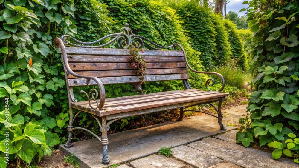 Weathered wooden slats and worn metal legs define a charming outdoor bench, nestled among lush greenery and vines in a serene, countryside setting. Weathered wooden slats and worn metal legs define a charming outdoor bench, nestled among lush greenery and vines in a serene, countryside setting.