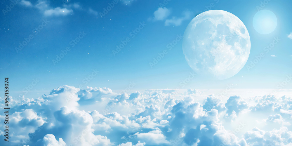 Serene sky with full moon and soft clouds in daylight